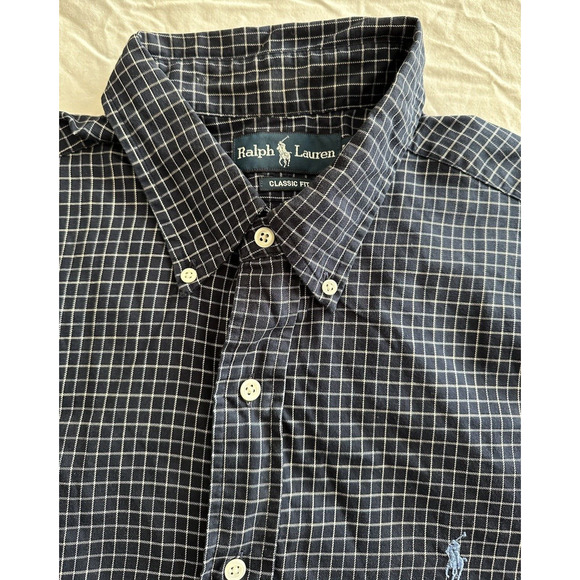 Ralph Lauren Classic Fit XL Button Up Check Navy Blue Light BluePony Long Sleeve - Picture 5 of 11